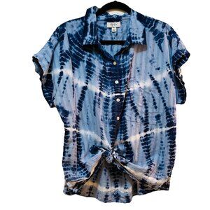 STYLE & CO Blue & White Tie Dye Button Down Short Sleeve Shirt Sz XL